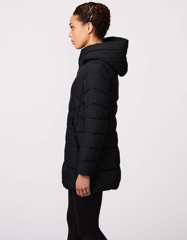 slim fit mid length quilted puffer jacket in color black with diagonal zipper hand pockets and horizontal tonal stitching