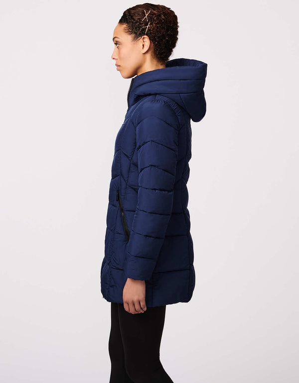 womens dark blue puffer jacket used as a sports lightweight jacket is quilted and warm for winter in a slim fitting mid length silhouette