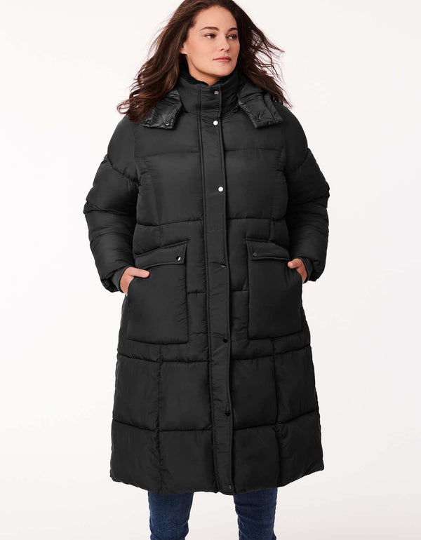 plus size ladies black peppercorn puffer coat during heavy winter with removable hood and side pockets