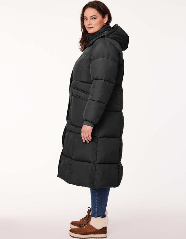 plus size womens black peppercorn parka for heavy winter with removable hood and side pockets made of environmentally friendly materials