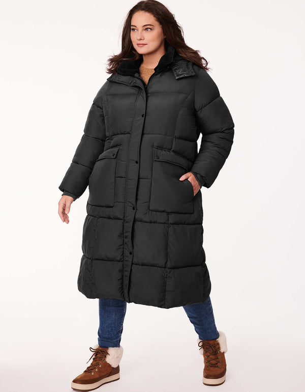 plus size knee length puffer coat in black peppercorn with removable hood and Ecoplume sustainable filler