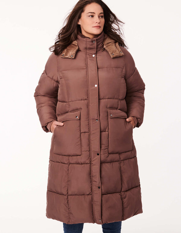 plus size knee length puffer coat in brown peppercorn with removable hood and Ecoplume sustainable filler