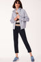 womens fall jacket in gray with chest and hand pockets and stand collar