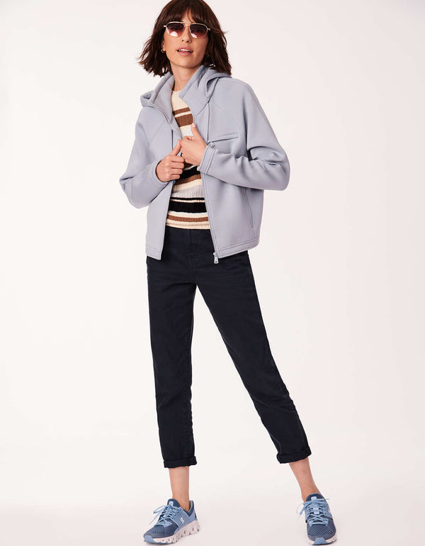 womens fall jacket in gray with chest and hand pockets and stand collar