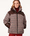 stylishly chic and extra cozy brown and red houndstooth apres ski puffer jacket for women