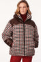 stylishly chic and extra cozy brown and red houndstooth apres ski puffer jacket for women