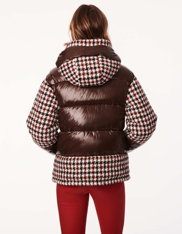 non bulky brown and red houndstooth womens jacket with hood and hand pockets as urban outerwear