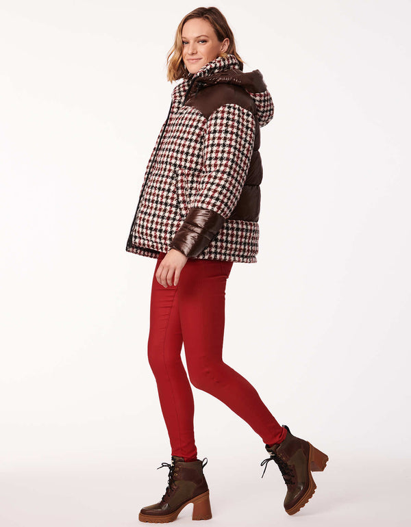 classic combo jacket in brown and red houndstooth pattern to wear season after season