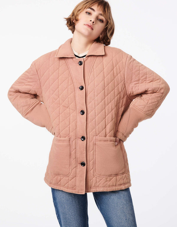 oversized peach colored winter jacket with patch pockets and button up styling as winter outfit for women