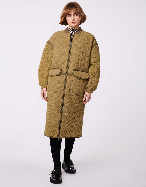 classic fit below the knee length mixed stitch long quilted coat for women in olive green as business casual outerwear