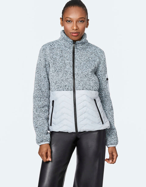 hip length puffer jacket with fuzzy fleece top for extra warmth and comfort