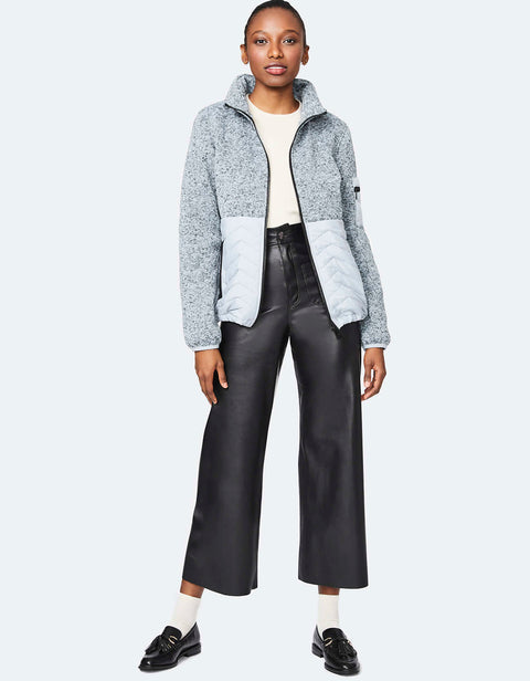 pastel blue puffer jacket crafted with sustainable ecoplume filler for eco conscious women