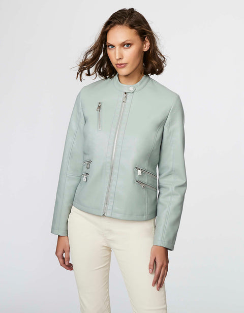 fitted faux leather moto jacket with zip front and snap tab collar for an edgy stylish look