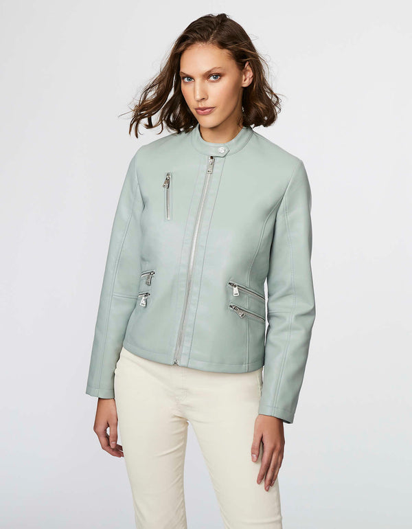 edgy faux leather moto jacket in misty blue with snap tab collar perfect for a chic look