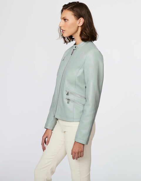 classic fit faux leather jacket with snap tab collar and zippered pockets for a modern chic style
