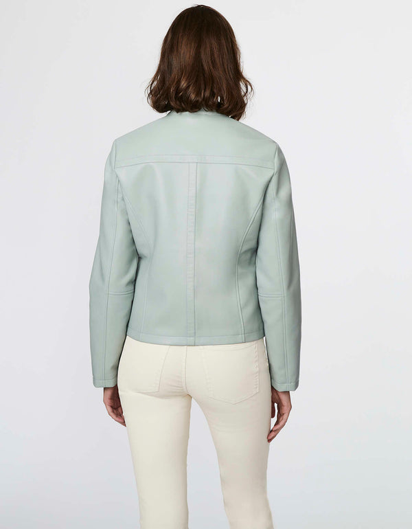 machine wash safe vegan leather jacket in misty blue from bernardo fashions for summer to winter outfits