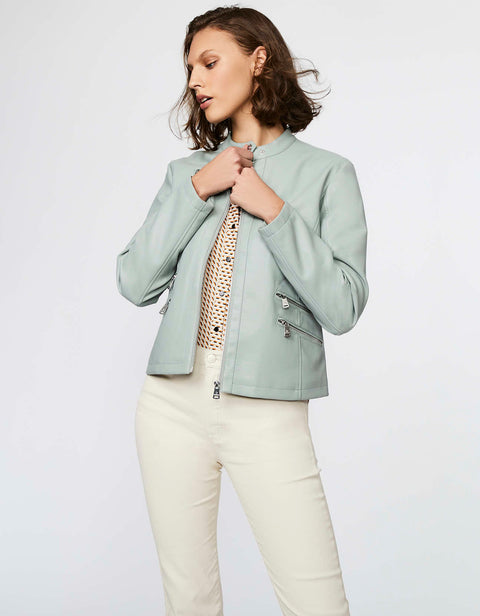 womens zip front faux leather jacket with five zippered pockets and sleek moto design