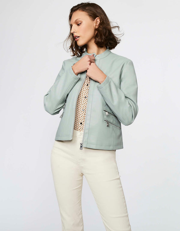 light blue classic and hip length jacket with a fit faux leather moto design that is edgy and chic