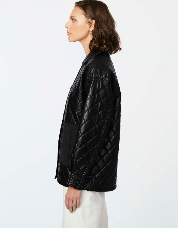oversized moto jacket for women with a button front silhouette shirt collar and oversized patch hand pockets