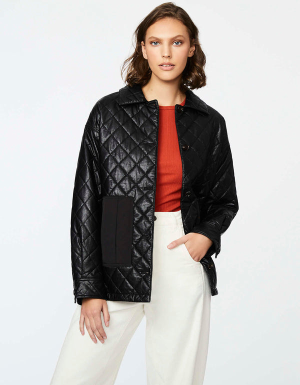 shop black jacket from Bernardo fashions in a black oversized mid length fit design made from cruelty free materials