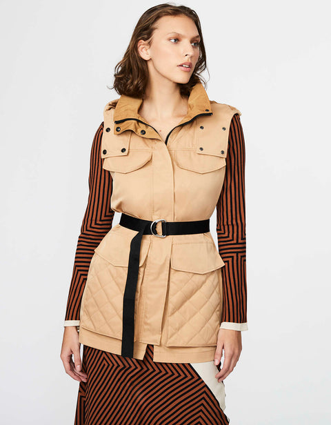 tan in color chic safari vest for women semi fitted for comfort and style