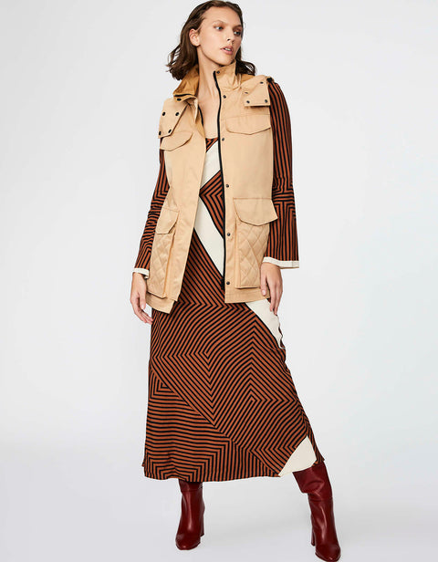 mid length cargo safari vest with stand collar and button epaulettes