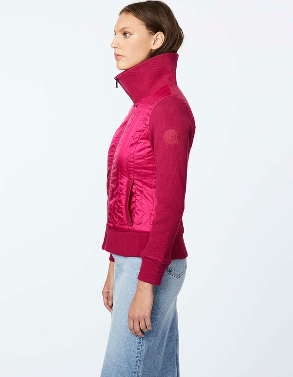 reddish pink puffer sweater for women featuring classic fit and fine knit design