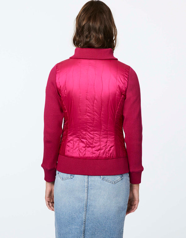 hip length reddish pink puffer sweater made with sustanabie materials recycled ecoplume filler