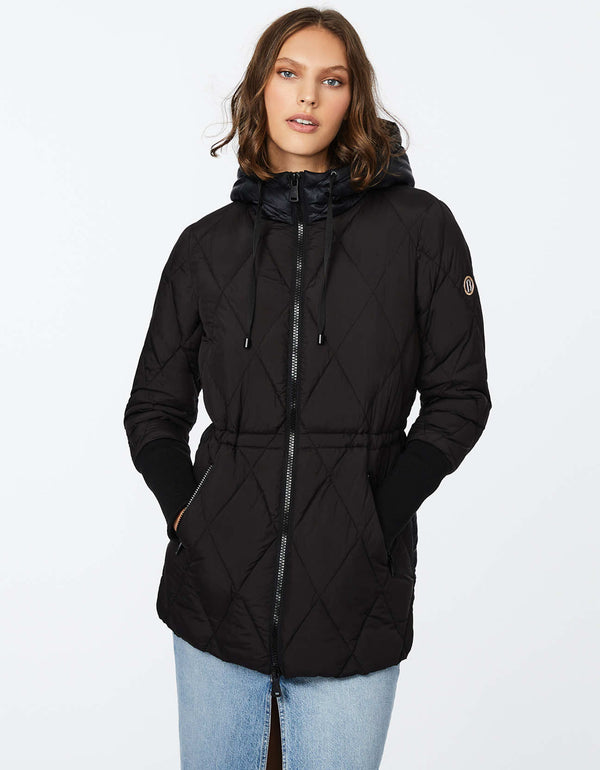 semi fitted black puffer jacket for women with ecoplume filler for cozy warmth