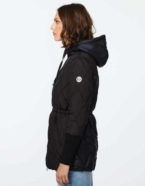 mid length black puffer jacket with two way zip front silhouette