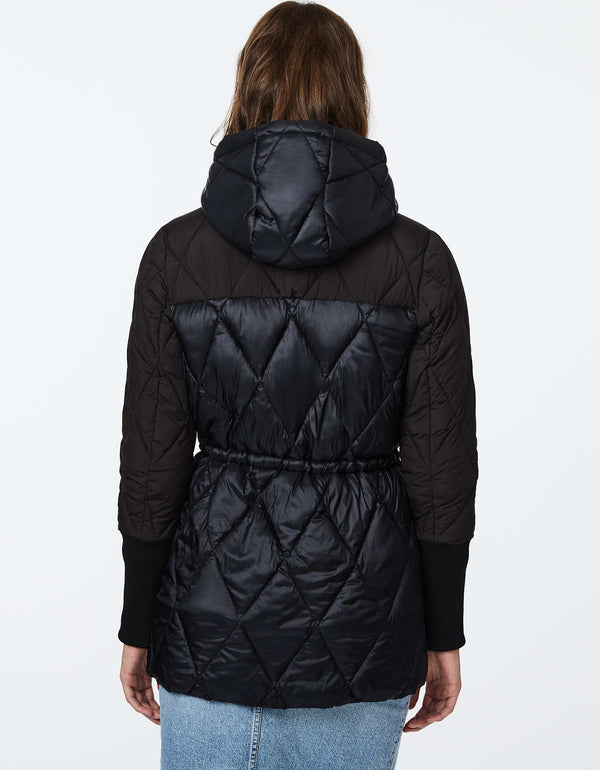 sustainable ecoplume filler fills this black puffer jacket for warmth