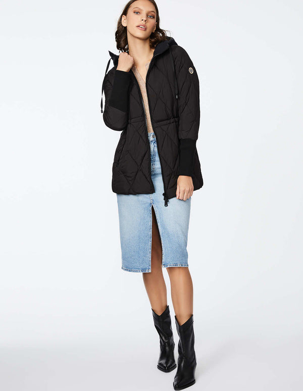 knitted quilted black puffer jacket with drawstring hood and waist