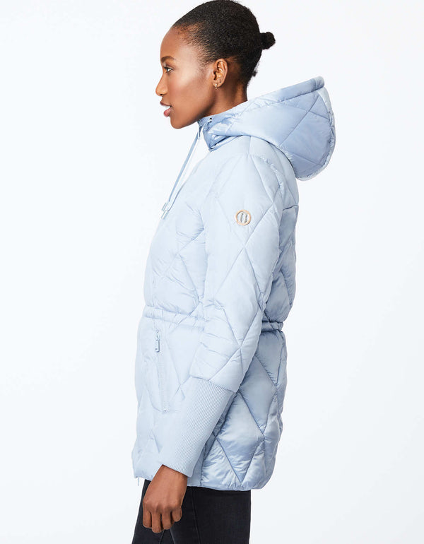 mid length light blue puffer jacket for women perfect for chilly weather outings