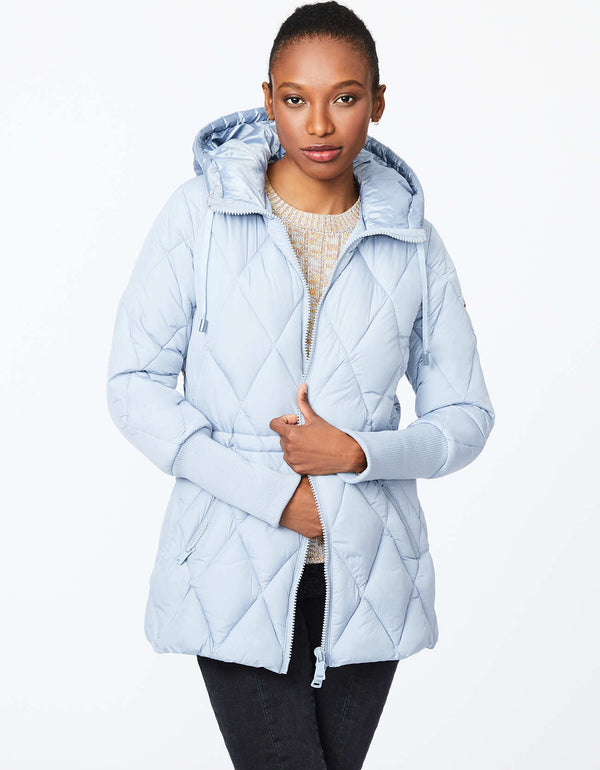 knitted quilted light blue puffer jacket for stylish and cozy wear