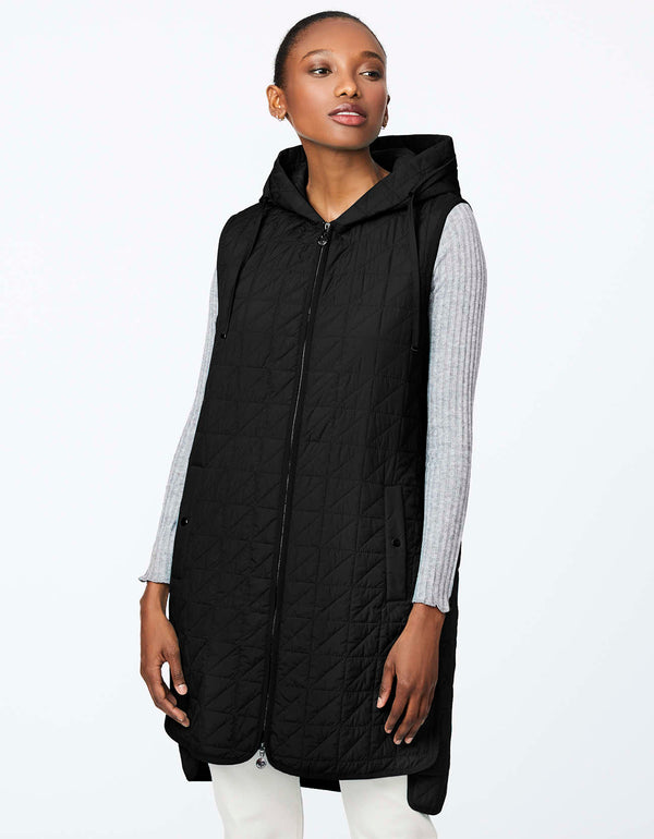 black oversized puffer vest for women featuring sustainable ecoplume filler perfect for spring season