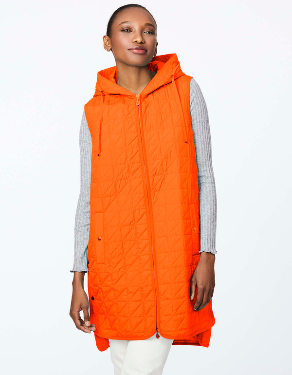 orange puffer vest made from recycled materials designed with snap hand pockets and rounded hem
