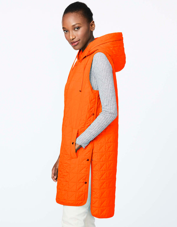 above knee length orange puffer vest with oversized fit designed for maximum comfort