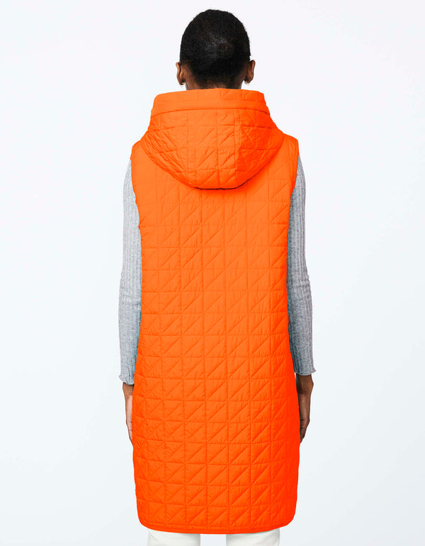 lightweight and non bulky long orange puffer vest with ecofriendly ecoplume filler