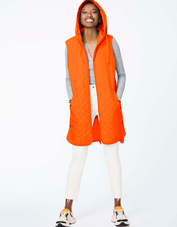 complete your look with this oversized orange puffer vest for women designed with with triangle quilt design and drawstring hood