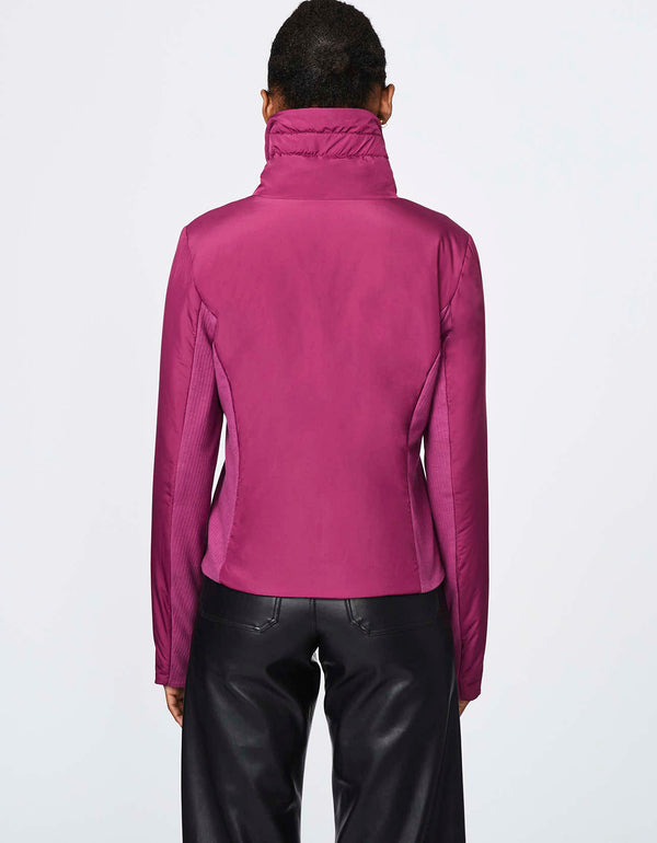 complete your look with this hip length berrywine puffer jacket for women crafted with with neoprene panels and zip pockets
