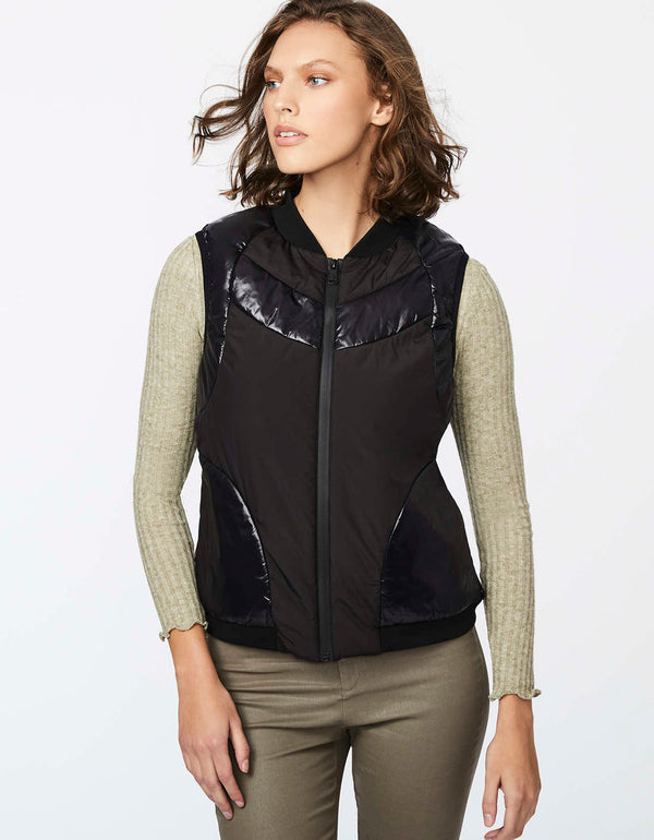 black puffer vest for women with glossy bands crafted in sustainable ecoplume filler for warmth
