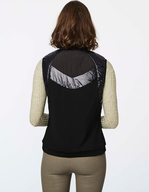 hip length black womens puffer vest designed with glossy bands and sustainable ecoplume filler