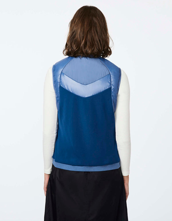 stylish blue puffer vest with glossy bands and sustainable ecoplume filler
