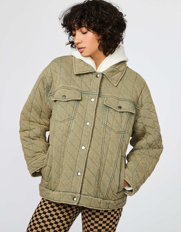 olive green colored streetwear trucker shacket a crossover between a jacket and a shirt