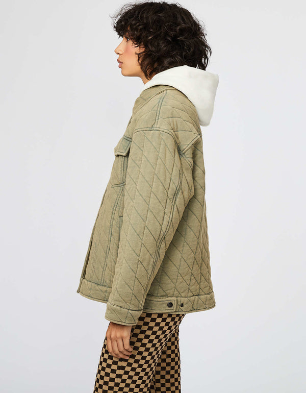 lightweight womens jacket in olive green color that is a crossover between a jacket and a shirt
