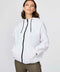 white hooded shell jacket for women featuring oversize fit and hip length