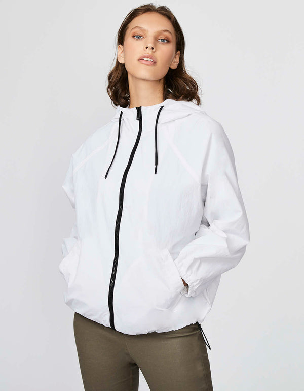 white hooded shell jacket for women featuring oversize fit and hip length