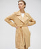 belted wrap jacket in light tan in vegan suede mixes trench styling with a wide lapel tonal waist seam and ample hand pockets