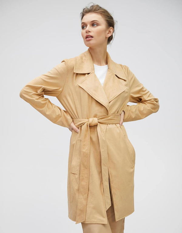 belted wrap jacket in light tan in vegan suede mixes trench styling with a wide lapel tonal waist seam and ample hand pockets