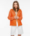 orange oversized hip length puffer jacket for women featuring quilted design and neoprene sleeves and drawstring hood